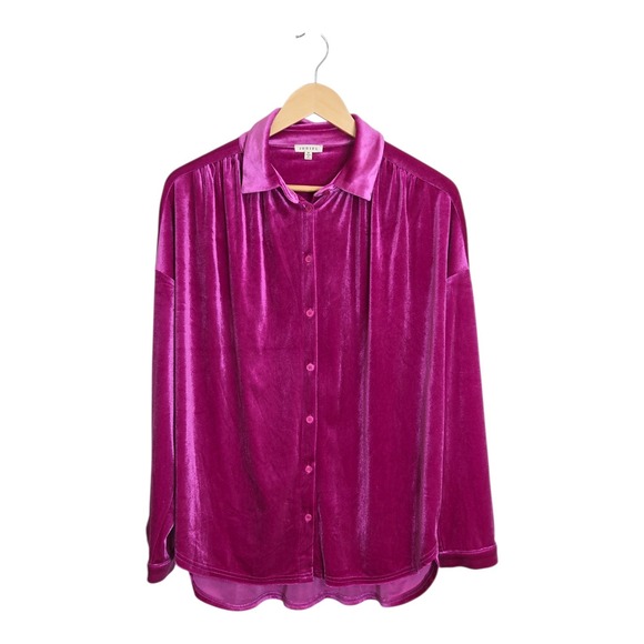 JODIFL Tops - JODIFL Women's Medium Fuchsia Velvet Button Down Shirt Long Sleeve Collared Glam